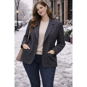 Women's 100% Wool Blazer Sz 12 Dark Academia Mini Houndstooth Grey Sports Jacket